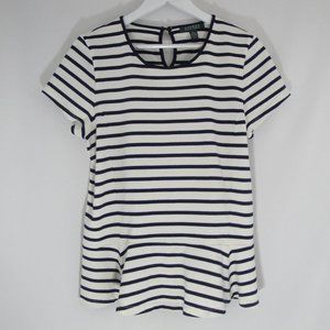 LAUREN RALPH Shirt White Navy Stripe XL Ruffle